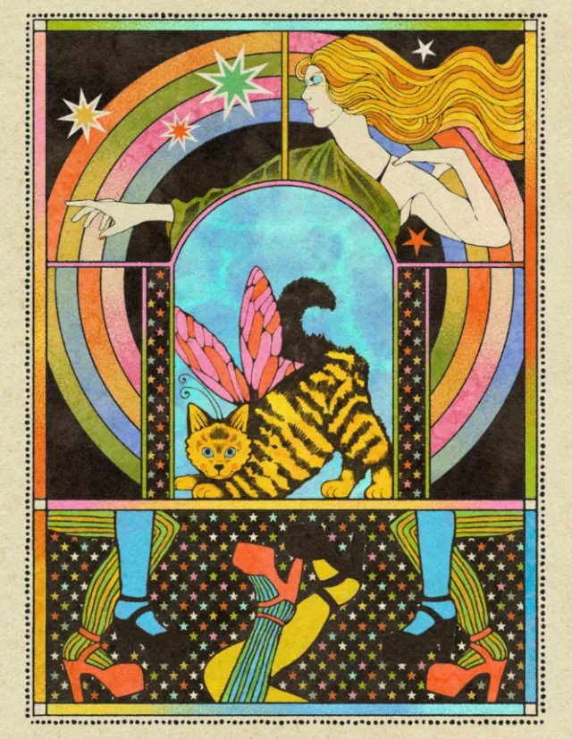 Psychedelic surreal poster by Lydia Silver with a rainbow, woman, tiger, and cat.