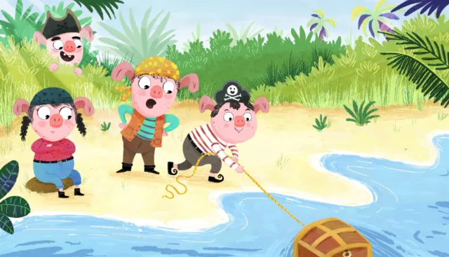 Dalia Awad illustration of three pirate-costumed children exploring a beach beside blue water.