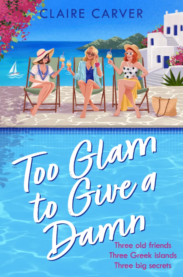 Camila Gray illustration of three women relaxing beside a pool overlooking Greek islands