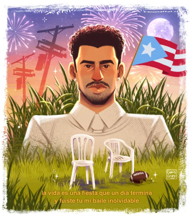 Camila Gray illustration of a man in grass beneath fireworks and flags
