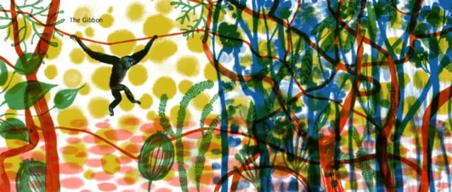 Anne Wilson artwork showing a gibbon among colorful tropical foliage