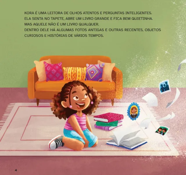 Ilustração de Lhaiza Morena mostra Kora lendo entre livros diante de um sofá colorido.