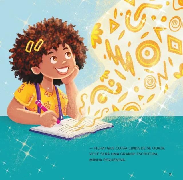 Lhaiza Morena illustration of a smiling girl writing in a magical notebook