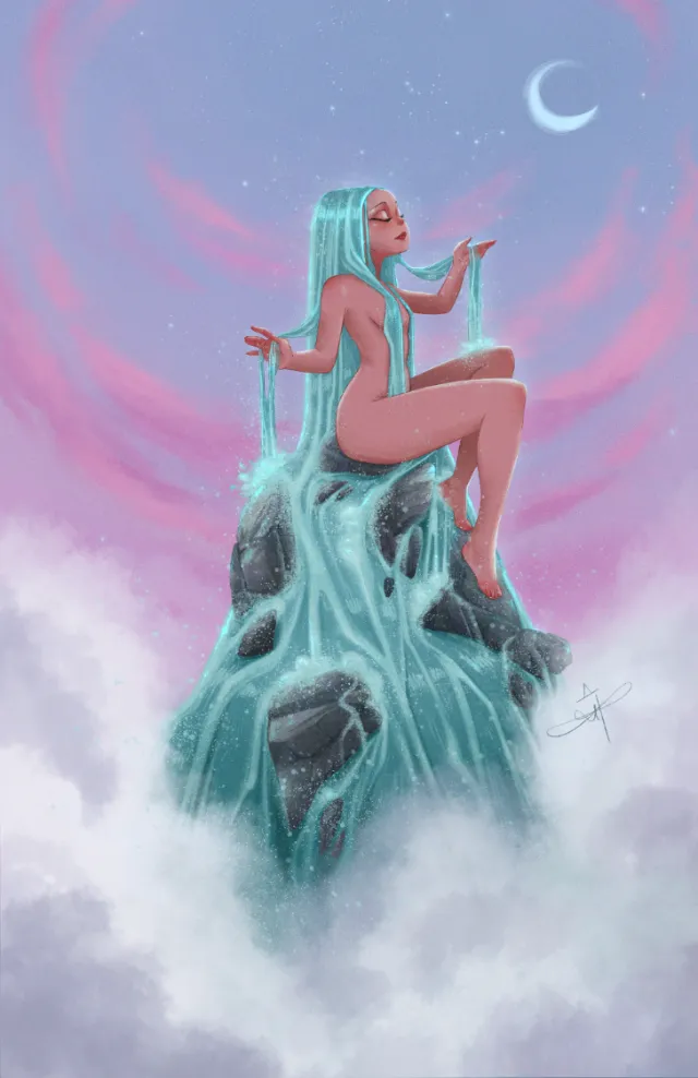 Danielle Pioli's fantasy mermaid seated atop a waterfall beneath a crescent moon
