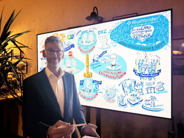 Björn von Schlippe presenting a colorful Blue Yonder sketchboard