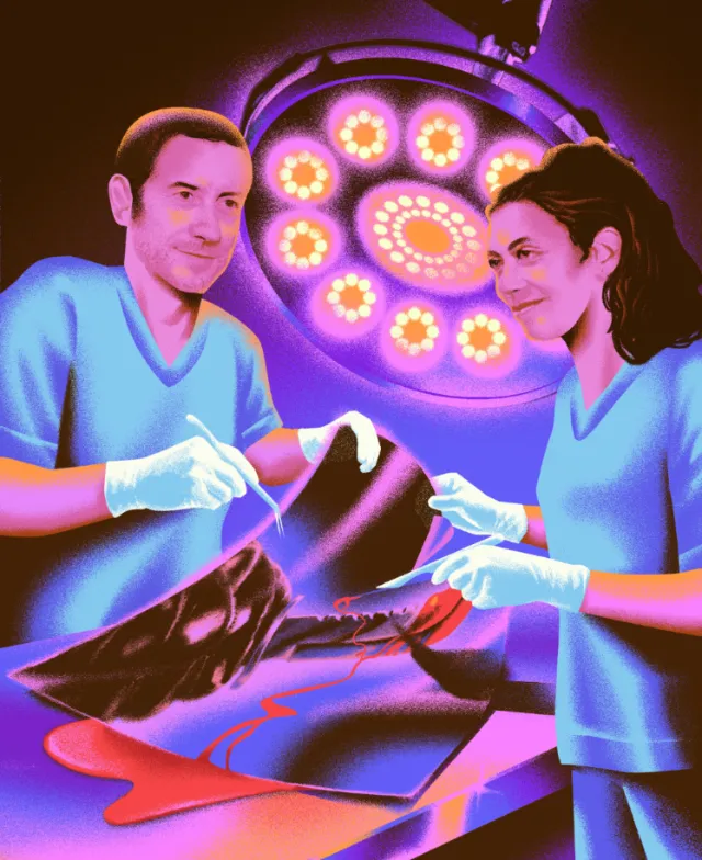 Andrei Nicolescu illustration of two surgeons operating on a fish