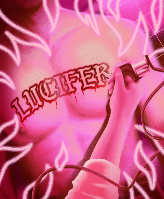 Andrei Nicolescu artwork showing a reclining figure beneath glowing floral outlines and the word Luc