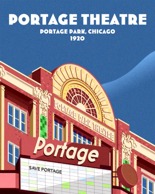 Dongkyu Lim illustration of Chicago's Portage Theatre facade