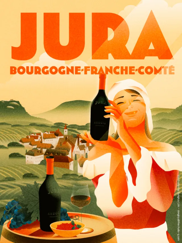 Dongkyu Lim poster showing a woman with Jura wine over a French village