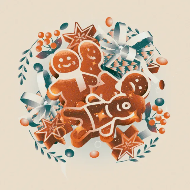 Dongkyu Lim illustration of Christmas gingerbread cookies and festive ornaments