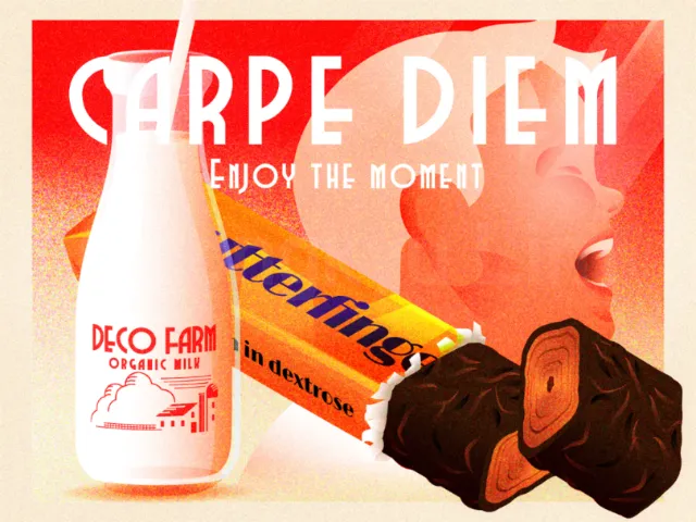 Dongkyu Lim poster featuring a milk bottle, chocolate bar, and vintage figures