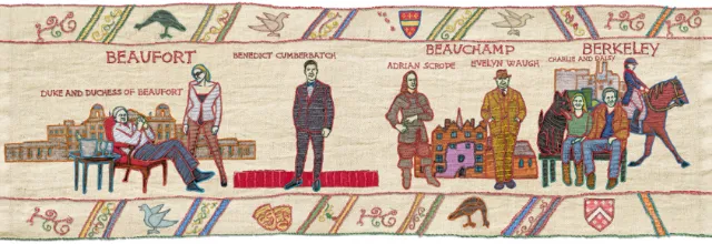 Bob Venables embroidered panel showing labeled historical figures and heraldic motifs