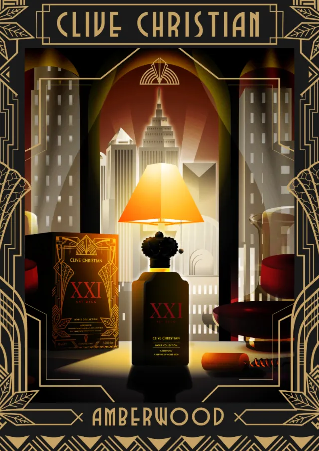 Art Deco Amberwood illustration by Dongkyu Lim with perfume bottles and cityscape