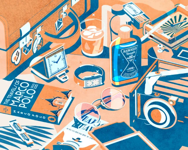 Isometric 1930s travel scene by Dongkyu Lim with maps, camera, books, and luggage