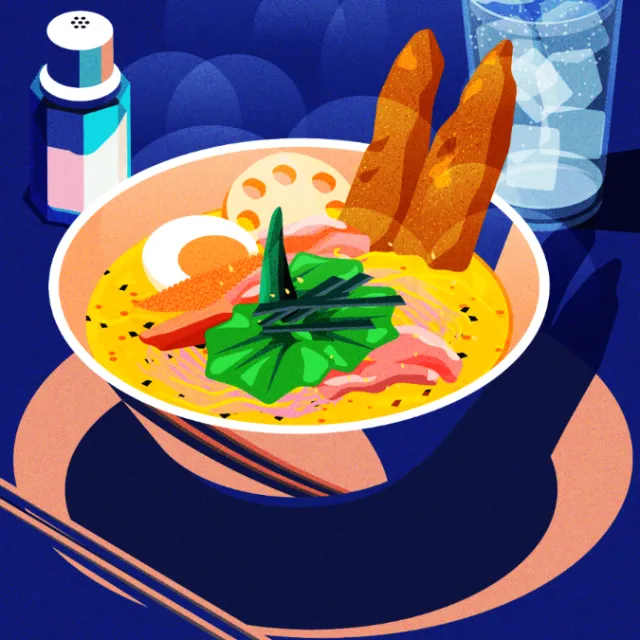 Soup curry illustration by Dongkyu Lim with bread, greens, and chopsticks