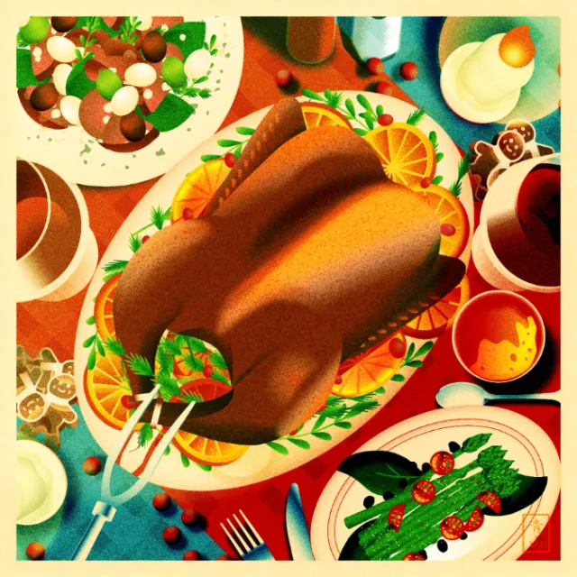 Dongkyu Lim illustration of a roast turkey surrounded by Christmas dinner dishes