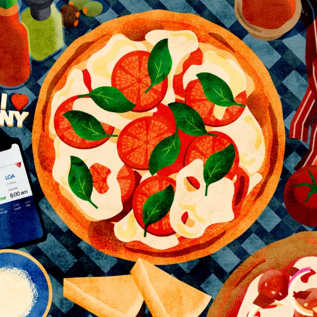 Illustrated pizza with tomatoes and basil by Dongkyu Lim