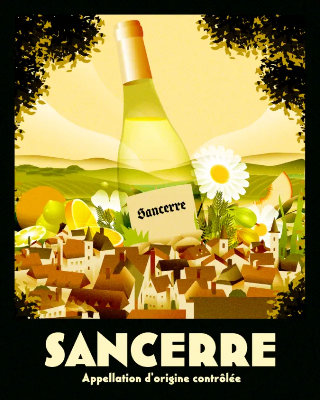 Dongkyu Lim illustration of a Sancerre bottle overlooking a village