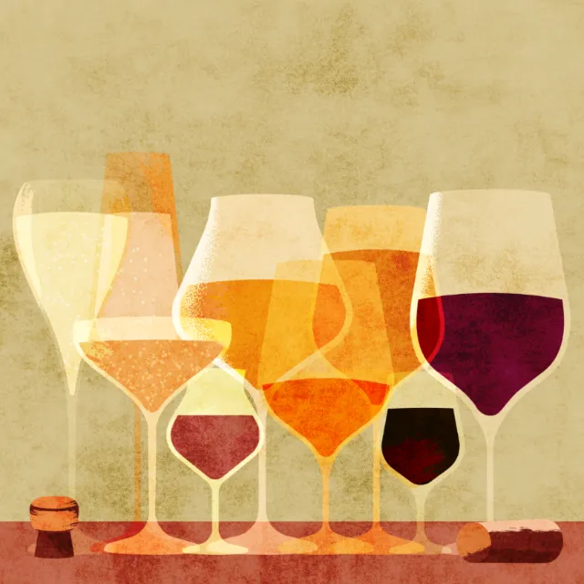Various wine glasses in a stylized illustration by Dongkyu Lim