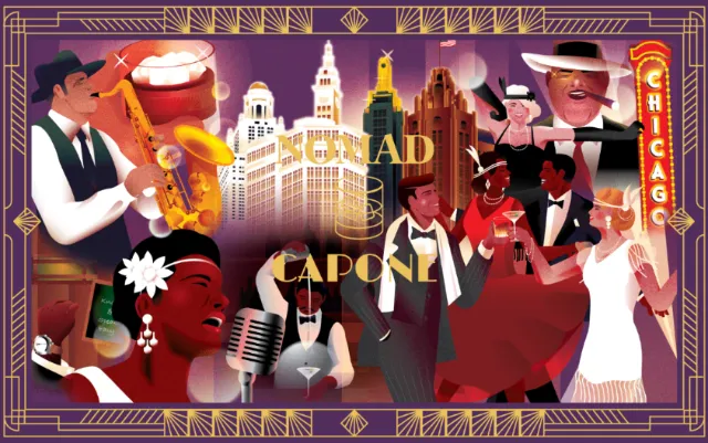 Dongkyu Lim illustration of Al Capone-era Chicago nightlife and skyscrapers
