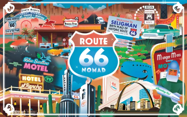 Route 66 Nomad cover illustrated by Dongkyu Lim, featuring roadside landmarks