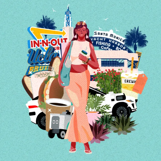 Illustration by Dongkyu Lim depicting a colorful Los Angeles travel scene
