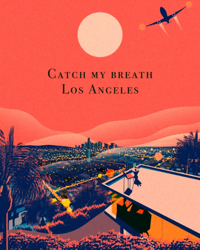 Illustration by Dongkyu Lim showing Los Angeles at sunset with a rooftop and airplane