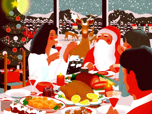 Dongkyu Lim illustration of Santa and guests sharing Christmas dinner