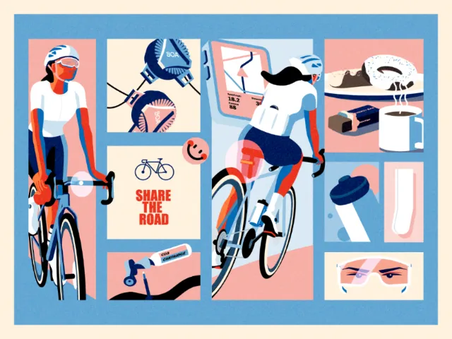 Road cycling illustration by Dongkyu Lim with cyclists and safety symbols
