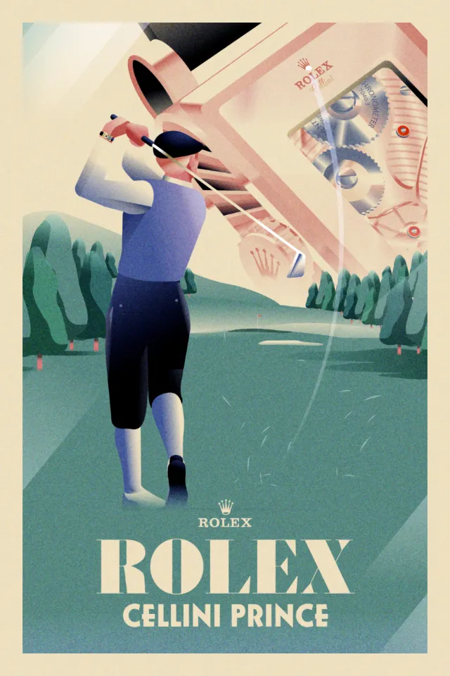 Dongkyu Lim poster featuring a golfer and Rolex Cellini Prince watch