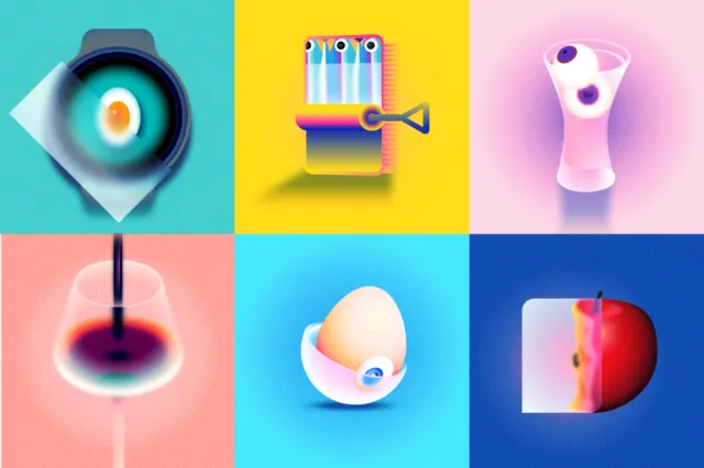 Dongkyu Lim's six-panel abstract object illustration with vivid colors