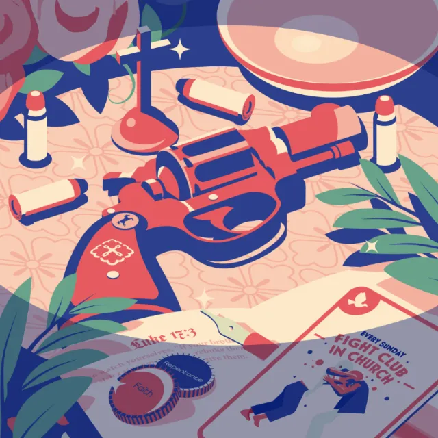 Illustration by Dongkyu Lim showing a pistol, flowers, and open books