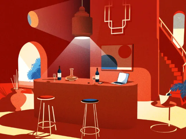 Stylized red wine bar interior illustration by Dongkyu Lim