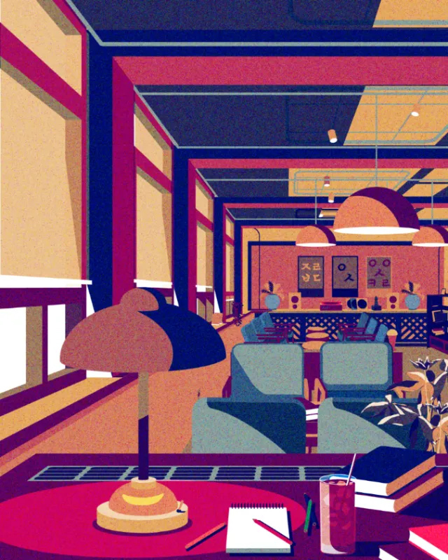 Dongkyu Lim illustration of a colorful retro interior in Iksan, South Korea