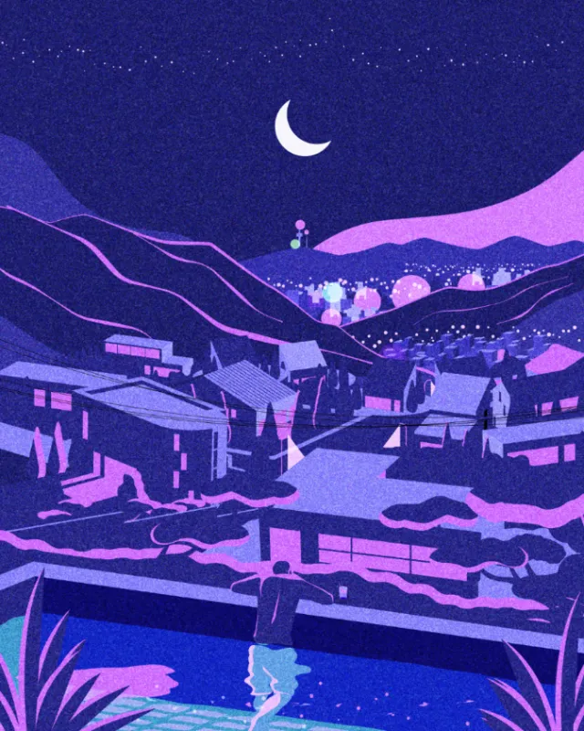 Dongkyu Lim illustration of Pyeongchang-dong under a crescent moon