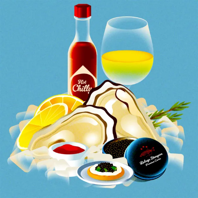 Dongkyu Lim illustration of oysters, white wine, lemon, and seafood