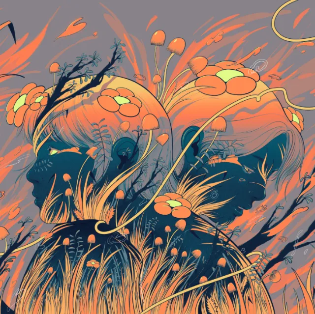 Artwork by Carolina Rodriguez Fuenmayor showing flower girls in an autumn forest