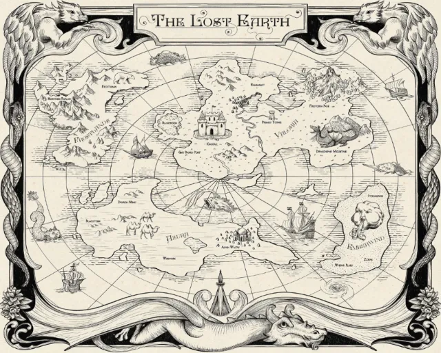 Fantasy world map by Diego Abreu with ornate borders, ships, sea creatures, and compass rose.