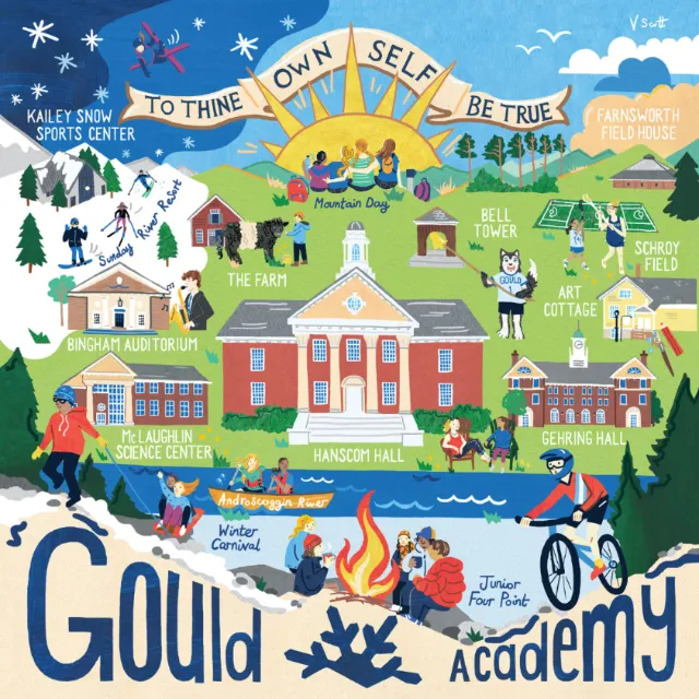 Illustration by Vicky Scott showing Gould Academy campus, skiing, music, and outdoor activities