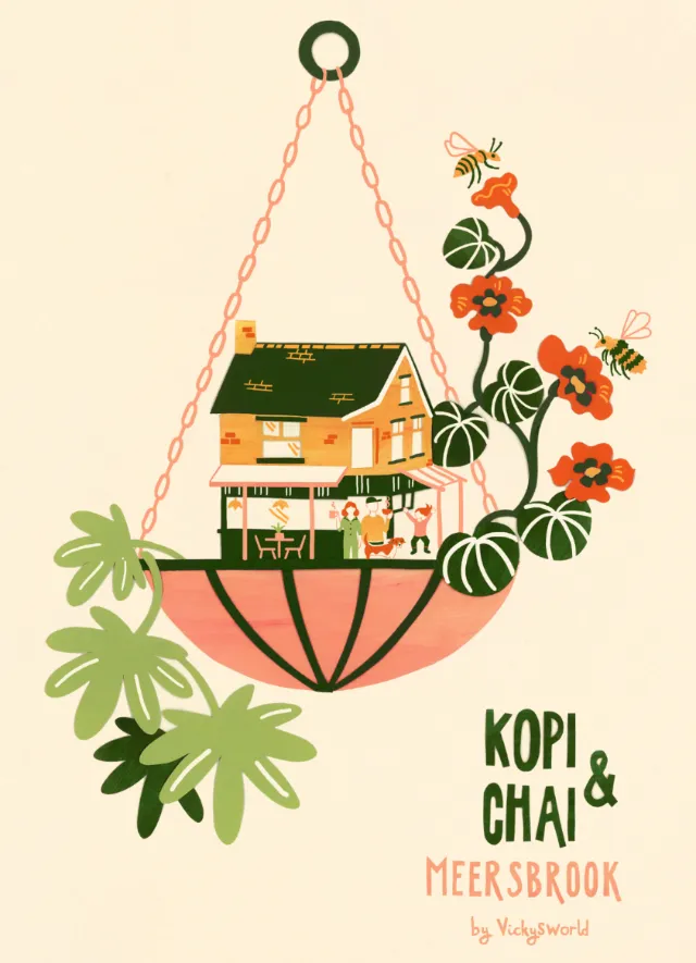 Vicky Scott illustration of Kopi & Chai cafe in a hanging basket