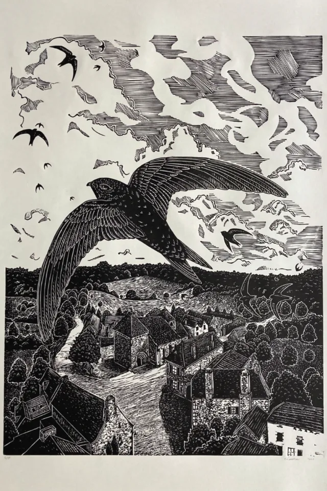 Emily Robertson linocut print of swifts flying over a village