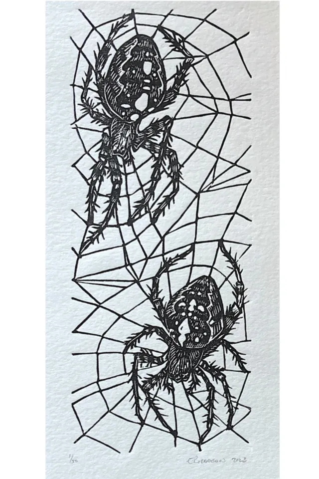Lino cut print by Emily Robertson showing two spiders on a web
