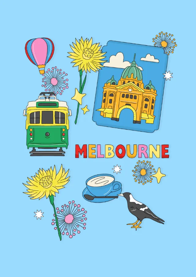 Illustration by Megan McKean showing a Melbourne tram, landmark, flowers, and bird