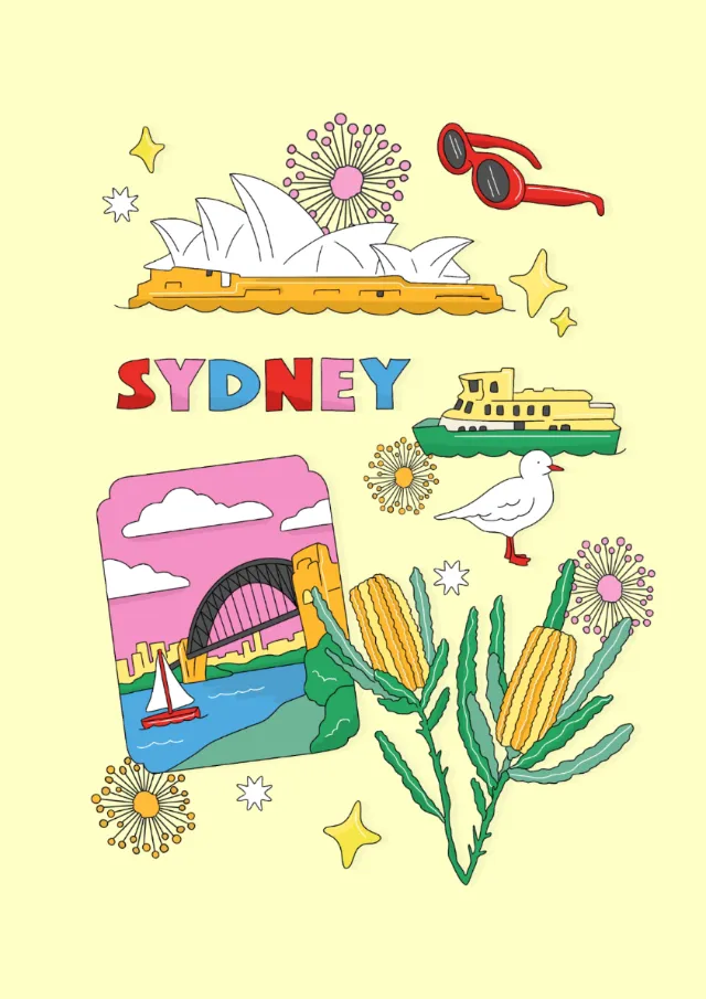 Sydney landmarks and banksia illustration by Megan McKean