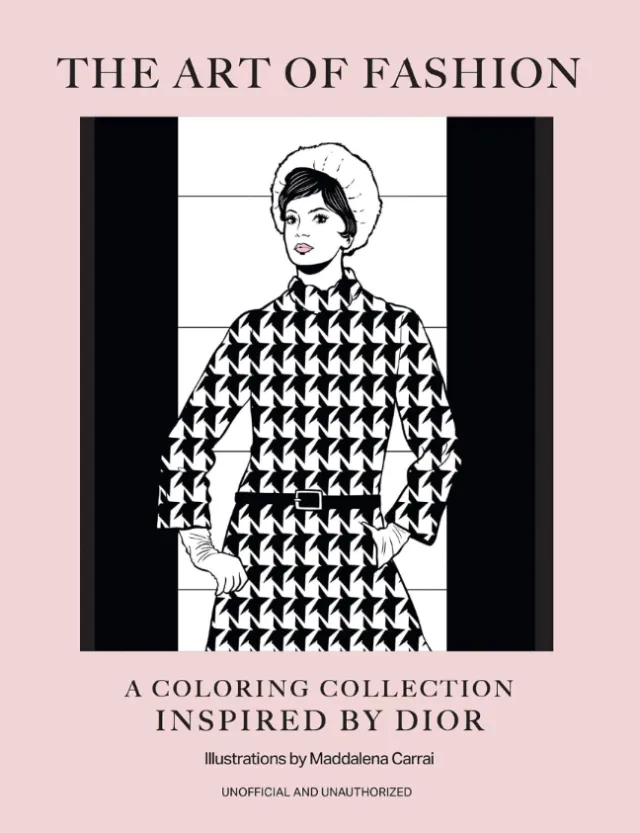 Maddalena Carrai illustration of a Dior-inspired fashion model on a coloring book cover.