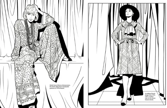 Maddalena Carrai illustration of two women in patterned fashion against draped curtains