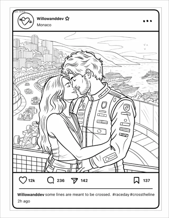 Maddalena Carrai illustration of a couple kissing above Monaco’s coastal cityscape.