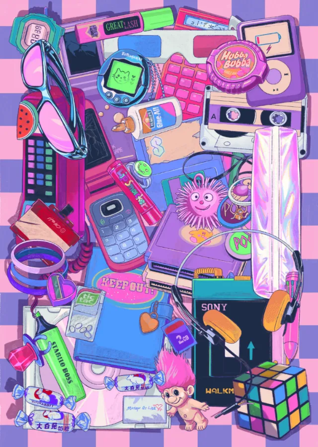 Heymoonly Dale’s colorful retro Y2K collage of gadgets and toys