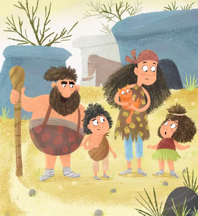Dalia Awad illustration of a prehistoric family outside caves