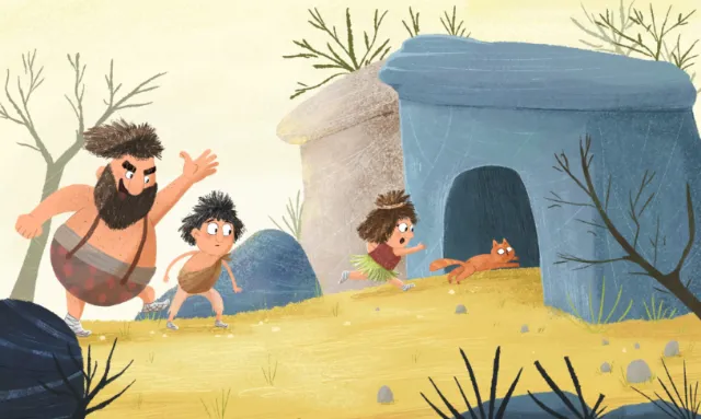 Dalia Awad illustration of prehistoric people beside a large blue shelter in a sandy landscape.
